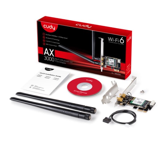 AĞ ADAPTÖRÜ CUDY WE3000 AX3000MBPS 2.4GHZ/5GHZ 2*5DBİ ANTEN BT5.2 MU-MIMO KABLOSUZ Wİ-Fİ 6 PCIE