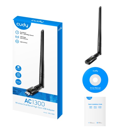 AĞ ADAPTÖRÜ CUDY WU1400 AC1300 2.4GHZ/5GHZ 1300MBPS 5DBİ ANTEN MU-MIMO KABLOSUZ USB3.0 Wİ-Fİ