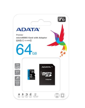 HAFIZA KARTI 64GB ADATA PREMİER100MB/S CLASS10 A1 ADAPTÖRLÜ MİCROSDXC HAFIZA KARTI