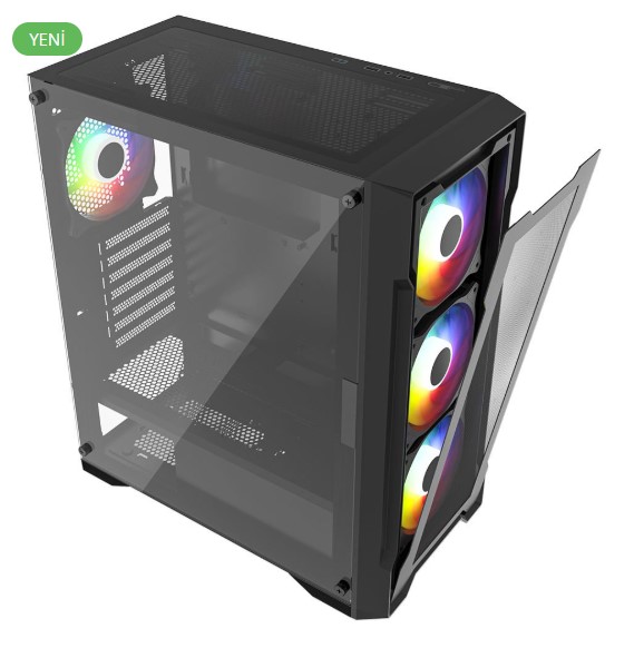 KASA 650W 80+ BRONZE POWERBOOST PB-PS6849B USB 3.0 MESH 4*12CM RAİNBOW FANLI MİD-T ATX GAMİNG SİYAH KASA
