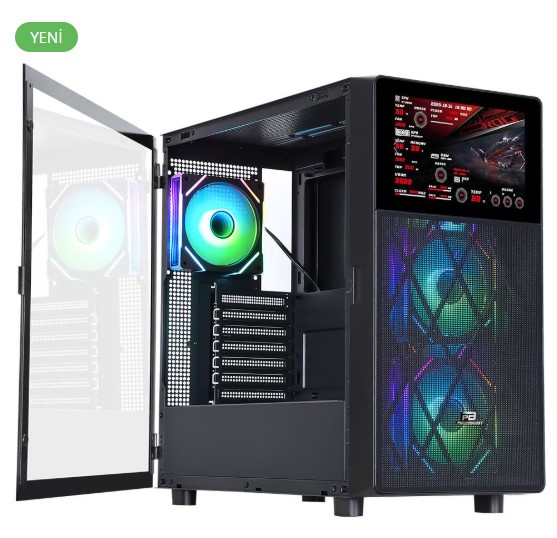 KASA POWERBOOST PB-P4367BB USB 3.0, ATX LCD MESH PANEL, ARGB FAN, SİYAH KASA (PSU YOK)