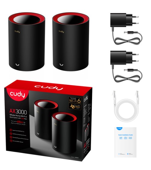 MENZİL GENİŞLETİCİ CUDY M3000 2-PACK AX3000MBPS 2.4GHZ/5GHZ AP/RE/WISP 2.5GE MU-MIMO KABLOSUZ 2'Lİ MESH Wİ-Fİ 6 SİSTEMİ