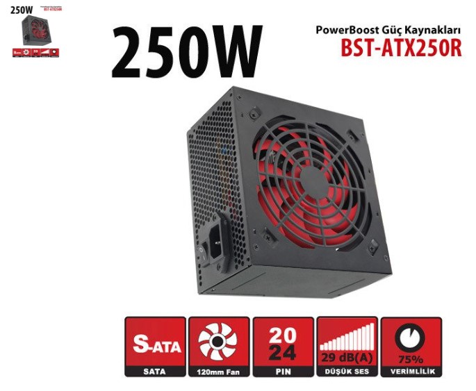 POWER SUPPLY 250W POWERBOOST BST-ATX250R PPFC 12CM KIRMIZI FANLI ATX PSU (RETAİL BOX)