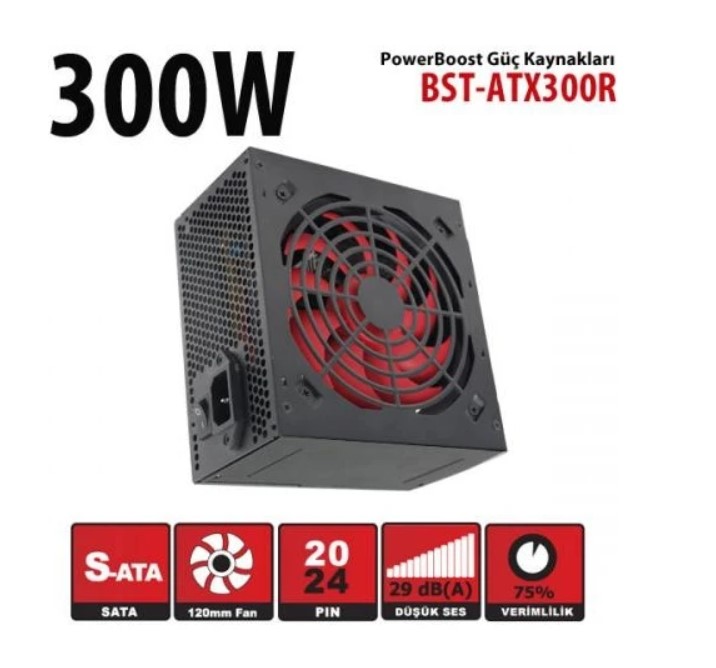 POWER SUPPLY 300W POWERBOOST BST-ATX300R PPFC 12CM KIRMIZI FANLI ATX PSU (RETAİL BOX)