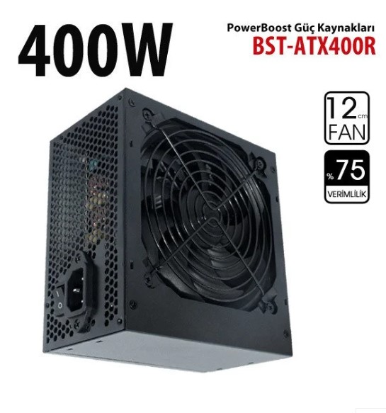 POWER SUPPLY 400W POWERBOOST BST-ATX400R PPFC 12CM SİYAH FANLI ATX PSU POWER KABLO (RETAİL BOX)
