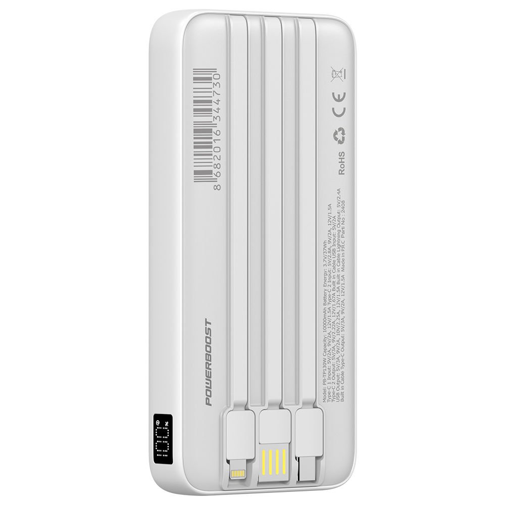 POWERBANK POWERBOOST PRIME 130W 10.000MAH 22.5W DAHİLİ KABLOLU LCD BEYAZ TAŞINABİLİR ŞARZ CİHAZI