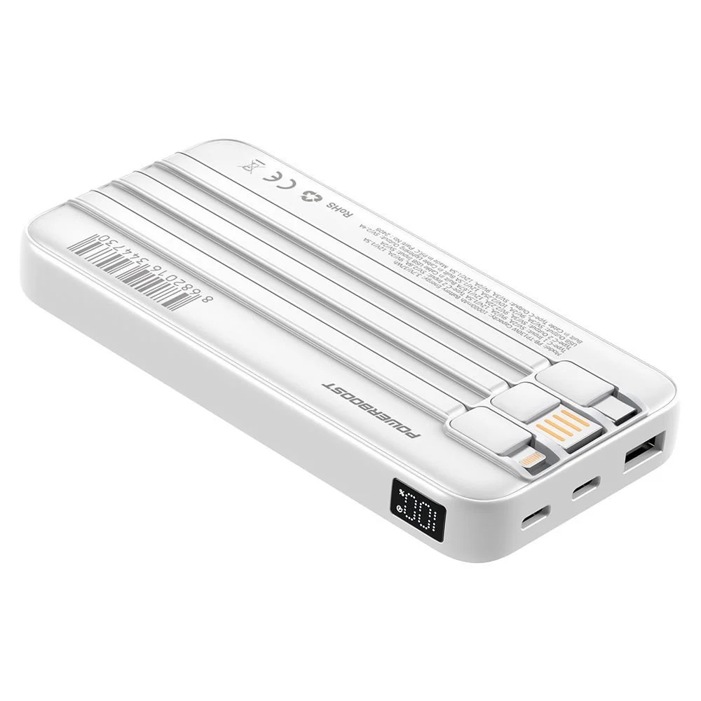 POWERBANK POWERBOOST PRIME 130W 10.000MAH 22.5W DAHİLİ KABLOLU LCD BEYAZ TAŞINABİLİR ŞARZ CİHAZI