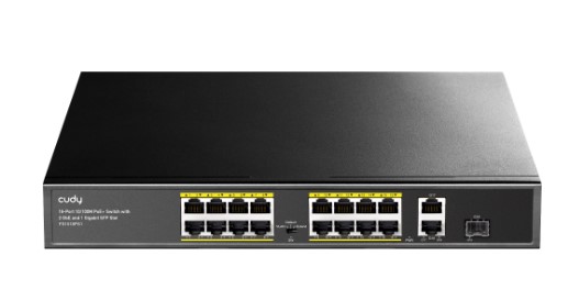 SWİTCH 16 PORT CUDY FS1018PS1 10/100MBPS 1*SFP 2*GE RJ45 VLAN&EXTEND MODE 250M 200W 1U POE+ ETHERNET SWİTCH