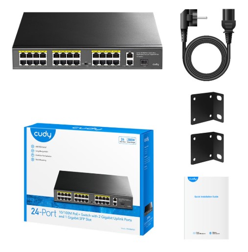 SWİTCH 24 PORT CUDY FS1026PS1 10/100MBPS 1*SFP 2*GE RJ45 VLAN&EXTEND MODE 250M 300W 1U POE+ ETHERNET SWİTCH