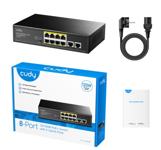 SWİTCH 8 PORT CUDY FS1010P 10/100MBPS 2*FE UPLİNK VLAN&EXTEND MODE 250M 120W POE+ ETHERNET SWİTCH