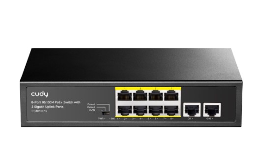 SWİTCH 8 PORT CUDY FS1010PG 10/100MBPS 2*FE UPLİNK VLAN&EXTEND MODE 250M 120W POE+ ETHERNET SWİTCH
