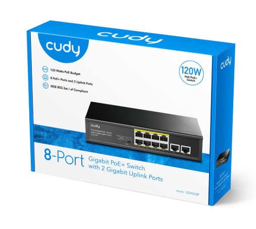 SWİTCH 8 PORT CUDY GS1010P 10/100/1000MBPS 2*GE UPLİNK VLAN&EXTEND MODE 250M 120W POE+ ETHERNET SWİTCH